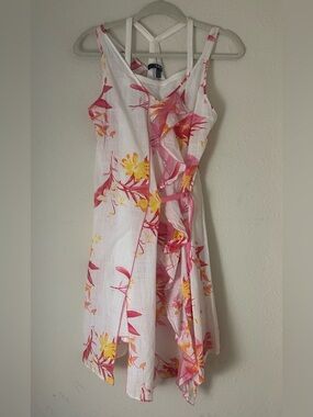 Vintage Lily White Floral Wrap Dress with Pink & Yellow Accents
